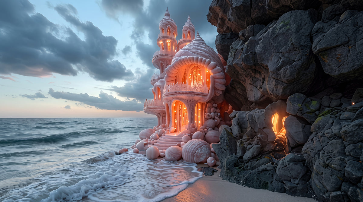 Glowing Pearl Conch Citadel of the Craggy Coastline | Premium Digital Wallpaper