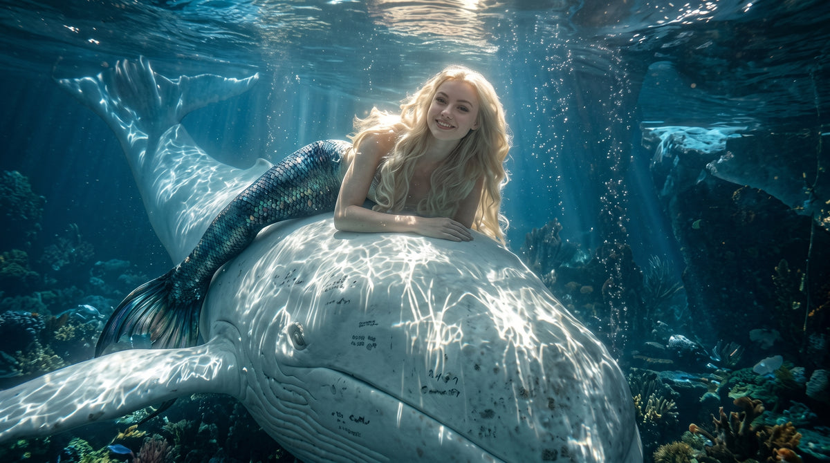 Blonde Mermaid and the Great White Whale | Premium Digital Wallpaper
