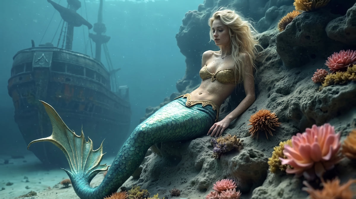 Blonde Mermaid and the Sunken Shipwreck | Premium Digital Wallpaper