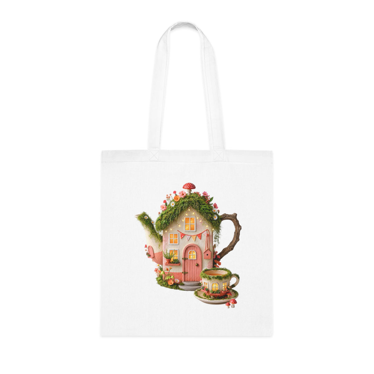Whimsical Fairy Cottage Tote Bag | Enchanted Mushroom House & Teacup Cottage