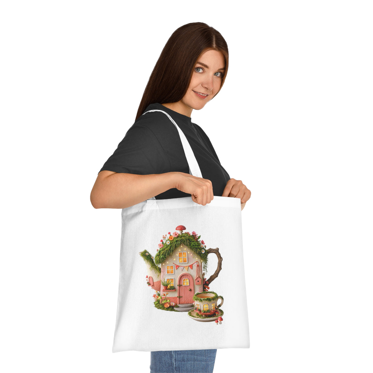 Whimsical Fairy Cottage Tote Bag | Enchanted Mushroom House & Teacup Cottage
