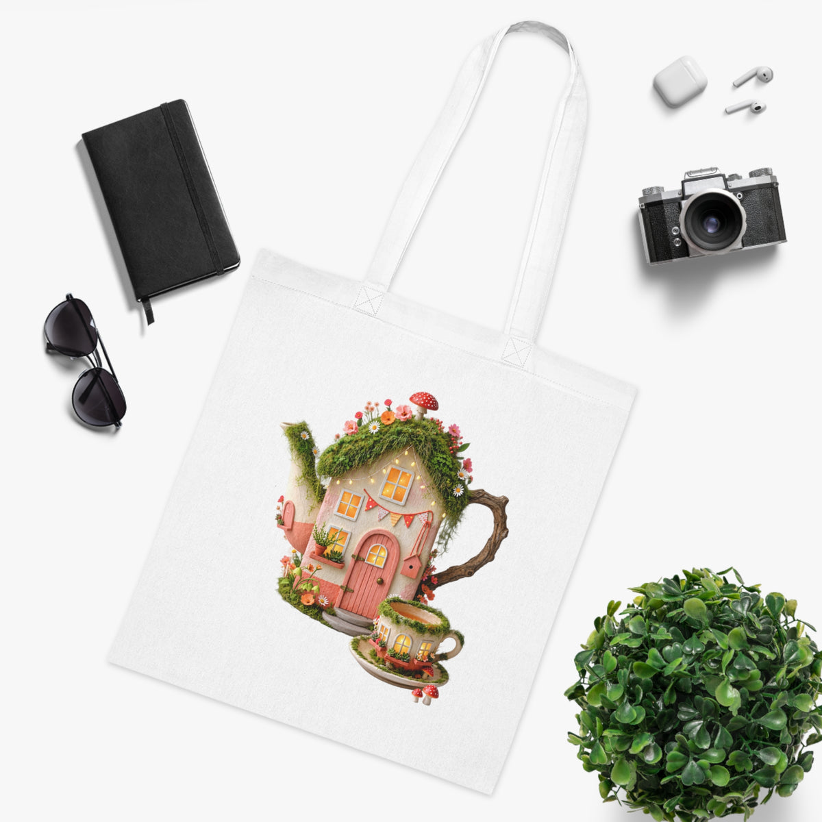 Whimsical Fairy Cottage Tote Bag | Enchanted Mushroom House & Teacup Cottage