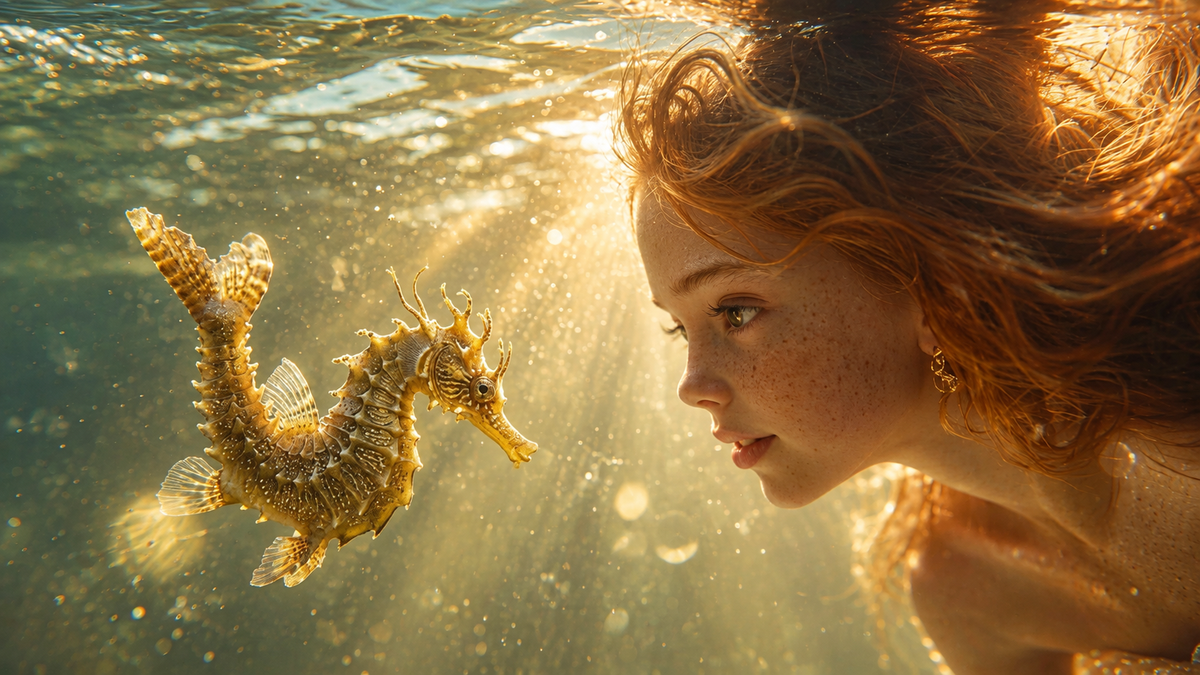Whispers of the Golden Seahorse | Premium Digital Wallpaper