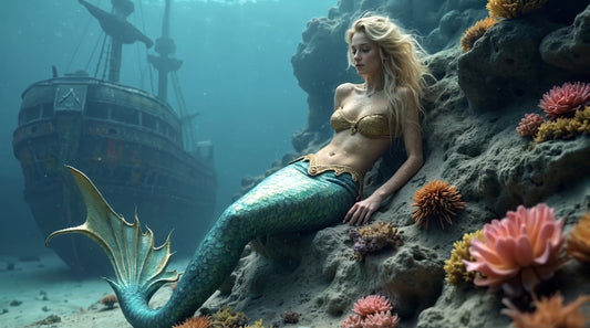 Blonde Mermaid and the Sunken Shipwreck | Premium Digital Wallpaper