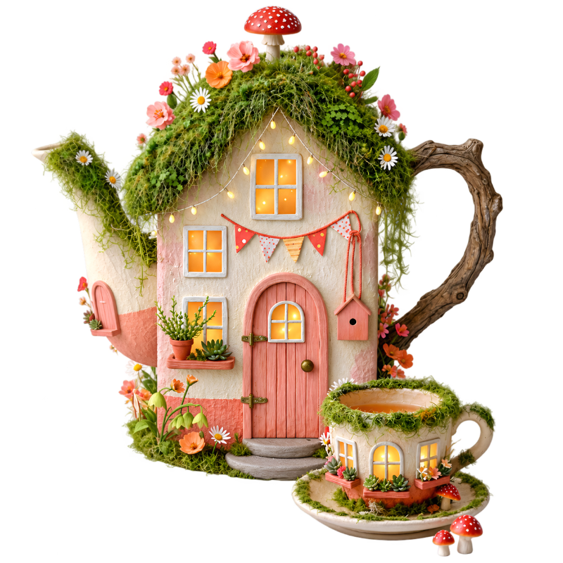 Whimsical Fairy Cottage Tote Bag | Enchanted Mushroom House & Teacup Cottage